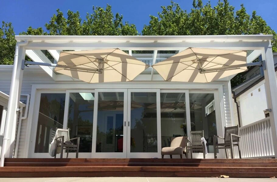 Home backyard patio with unity umbrella